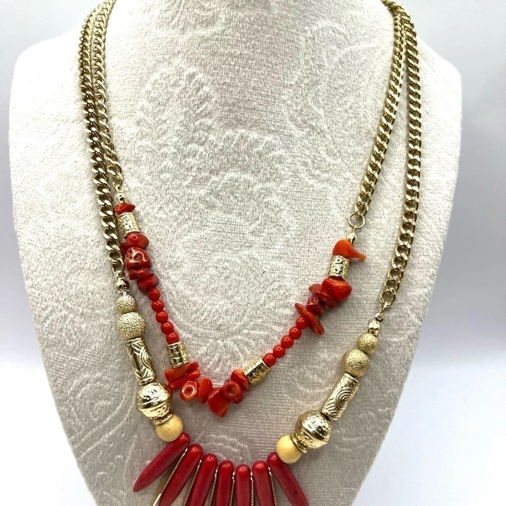 Fire Beads with Tribal Flare Layered Chain Necklace Red stone and long Gold bead